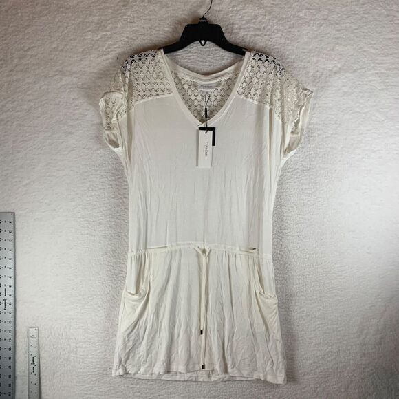 Calvin Klein Women's Cap Sleeve White Crochet-Shoulder Tunic Cover Up Size S NWT - Picture 1 of 9
